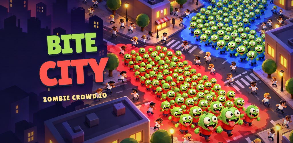 Promotional illustration of red and blue zombie hordes taking over a city
