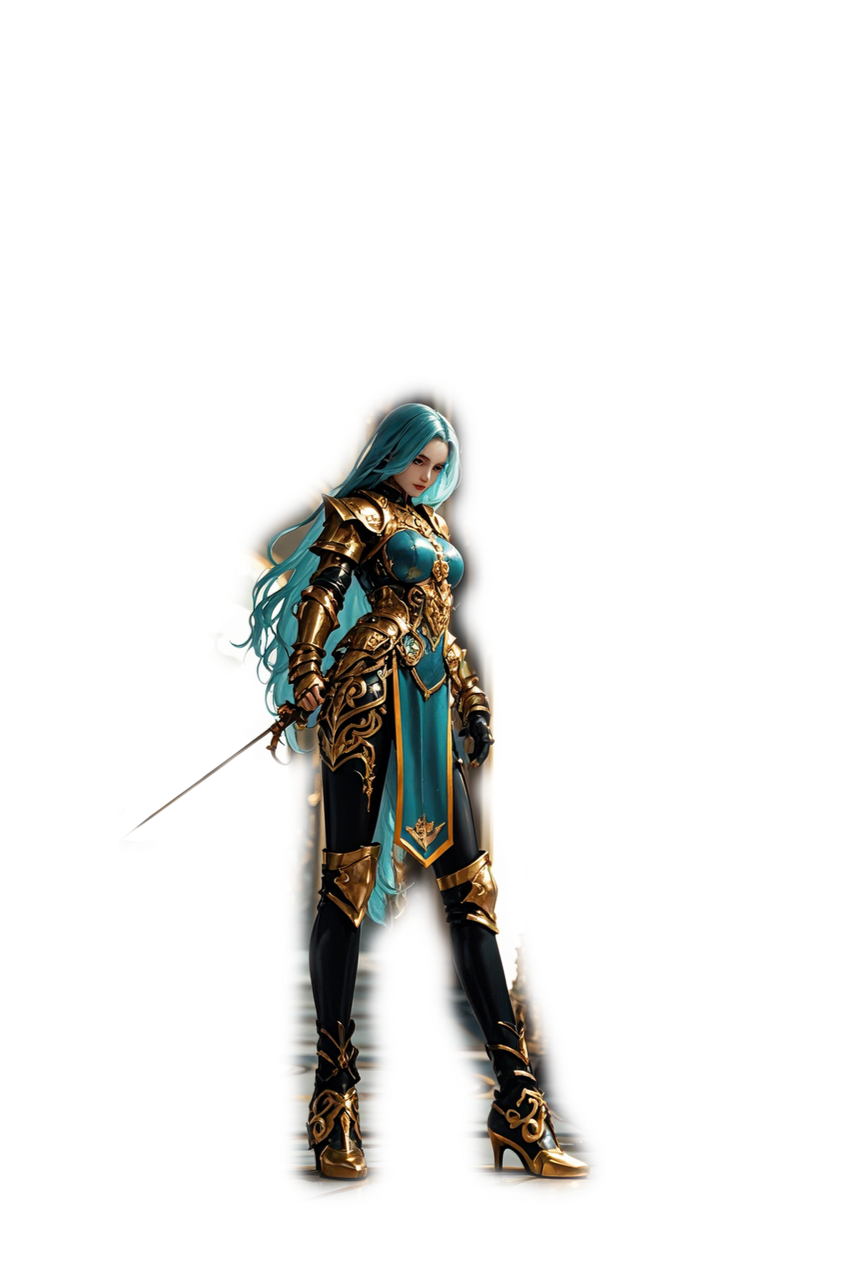 Teal-haired armored Goddess Area heroine standing in an ornate palace