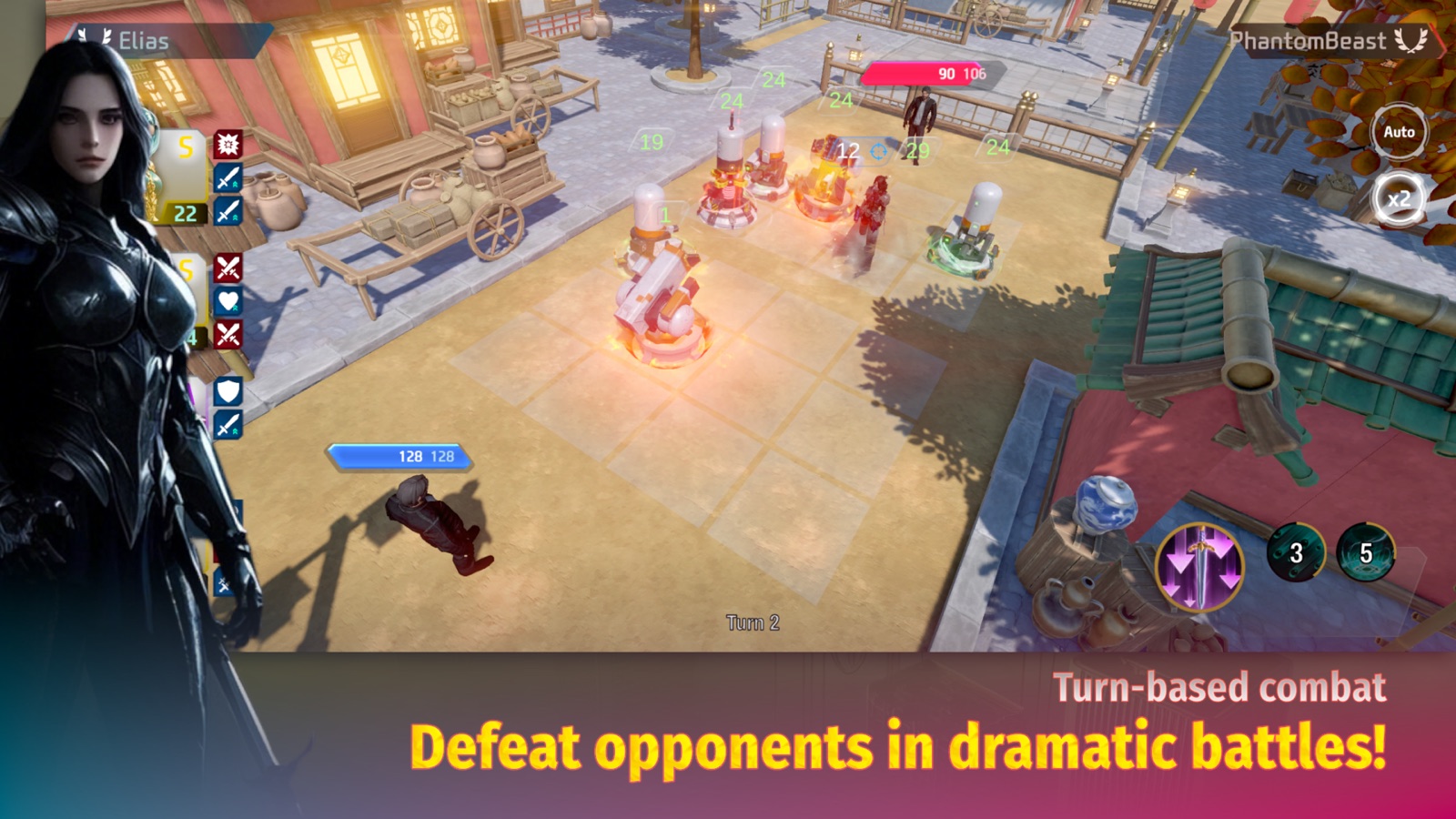 Goddess Area heroes fighting in a turn-based city battle