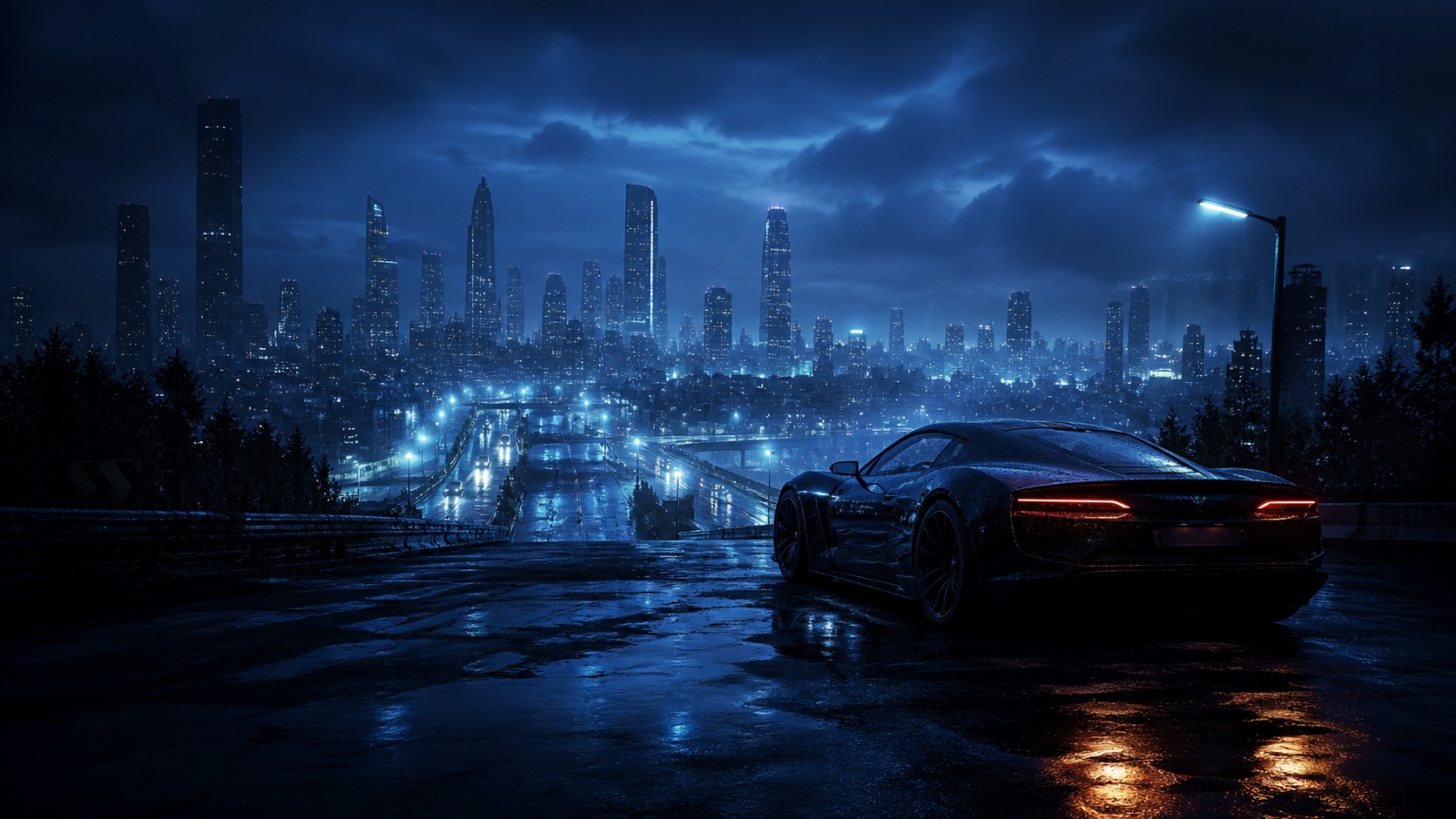 Sports car overlooking a luminous city at blue hour