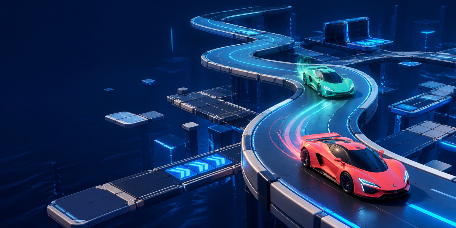 Two cars racing across a glowing modular track suspended in a midnight-blue world