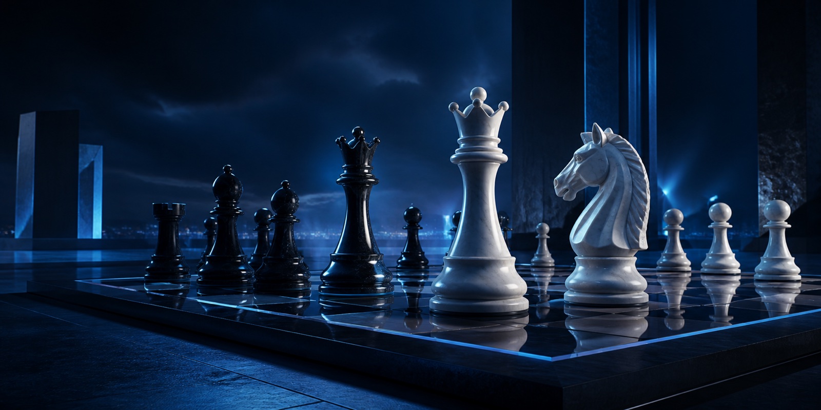 White and obsidian chess pieces facing each other in a midnight-blue arena