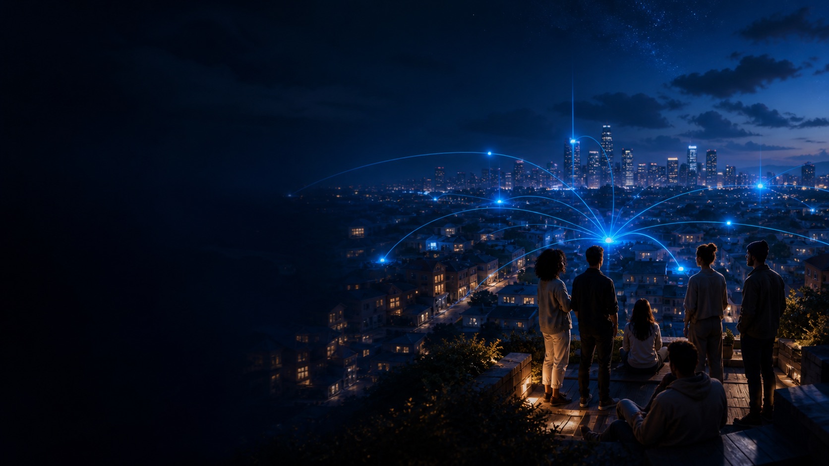 Connected community overlooking a city filled with location signals
