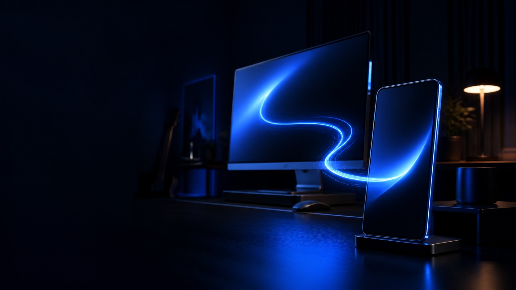 Phone linked to a desktop computer by a ribbon of blue light